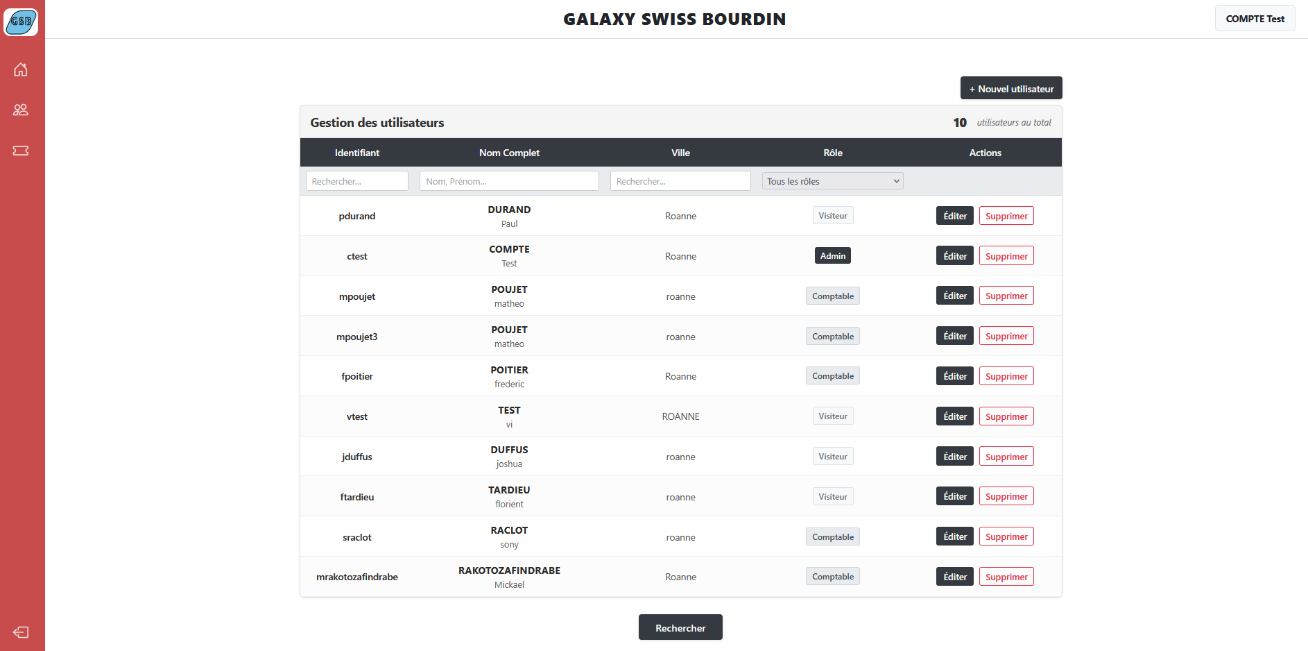 Interface de gestion des comptes